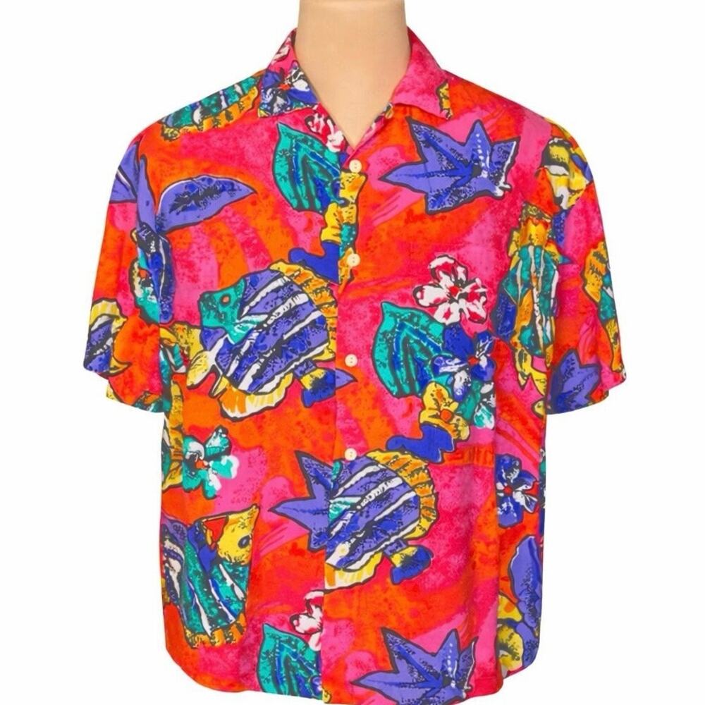 Vintage Hilo Hattie Hawaiian Fish Print Rayon Shirt‎ Pink Tropical XL Unisex